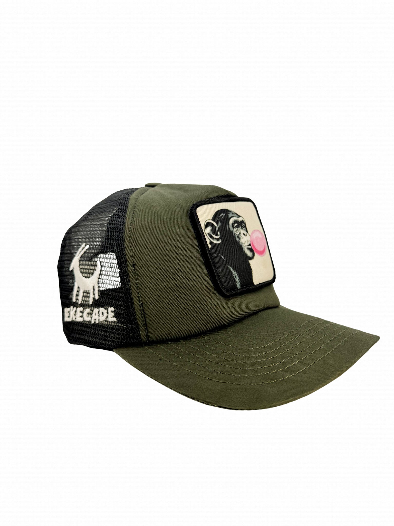 'BUBBLE GUM MONKEY' - 5 Panel Khaki Green Trucker Hat