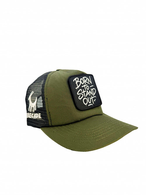 'BORN TO STAND OUT' - 5 Panel Khaki Green Trucker Hat