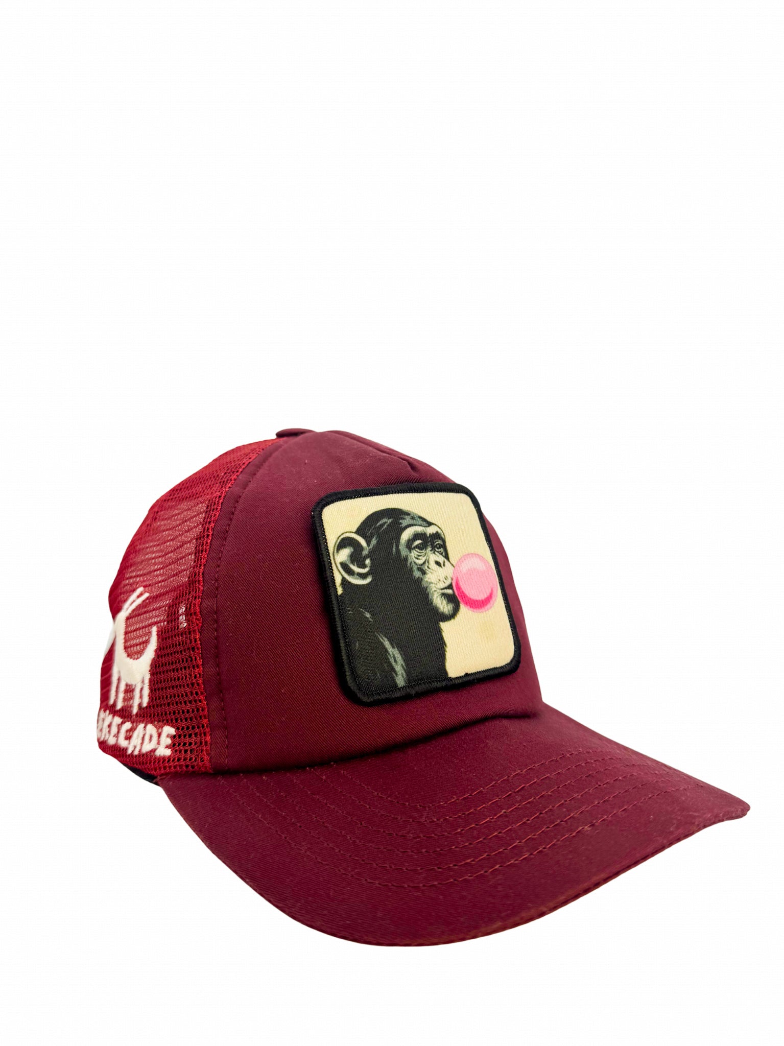 'BUBBLE GUM MONKEY' - 5 Panel Burgundy Trucker Hat